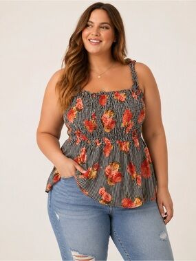 New Glory Floral Smocked Tank Top 2X Striped Boho Cami